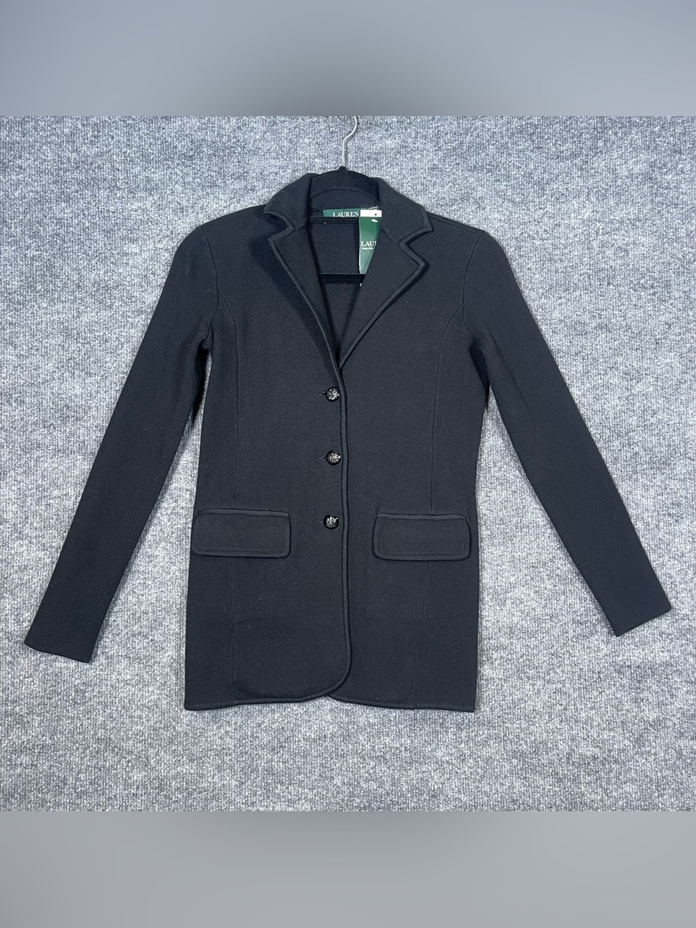 NEW‎ Lauren Ralph Lauren Womens Small Black Combed Crest Button Pocket Cardigan